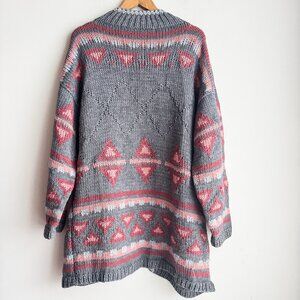 Vintage Handmade Grey Pink Southwestern Print Open Front Cardigan L